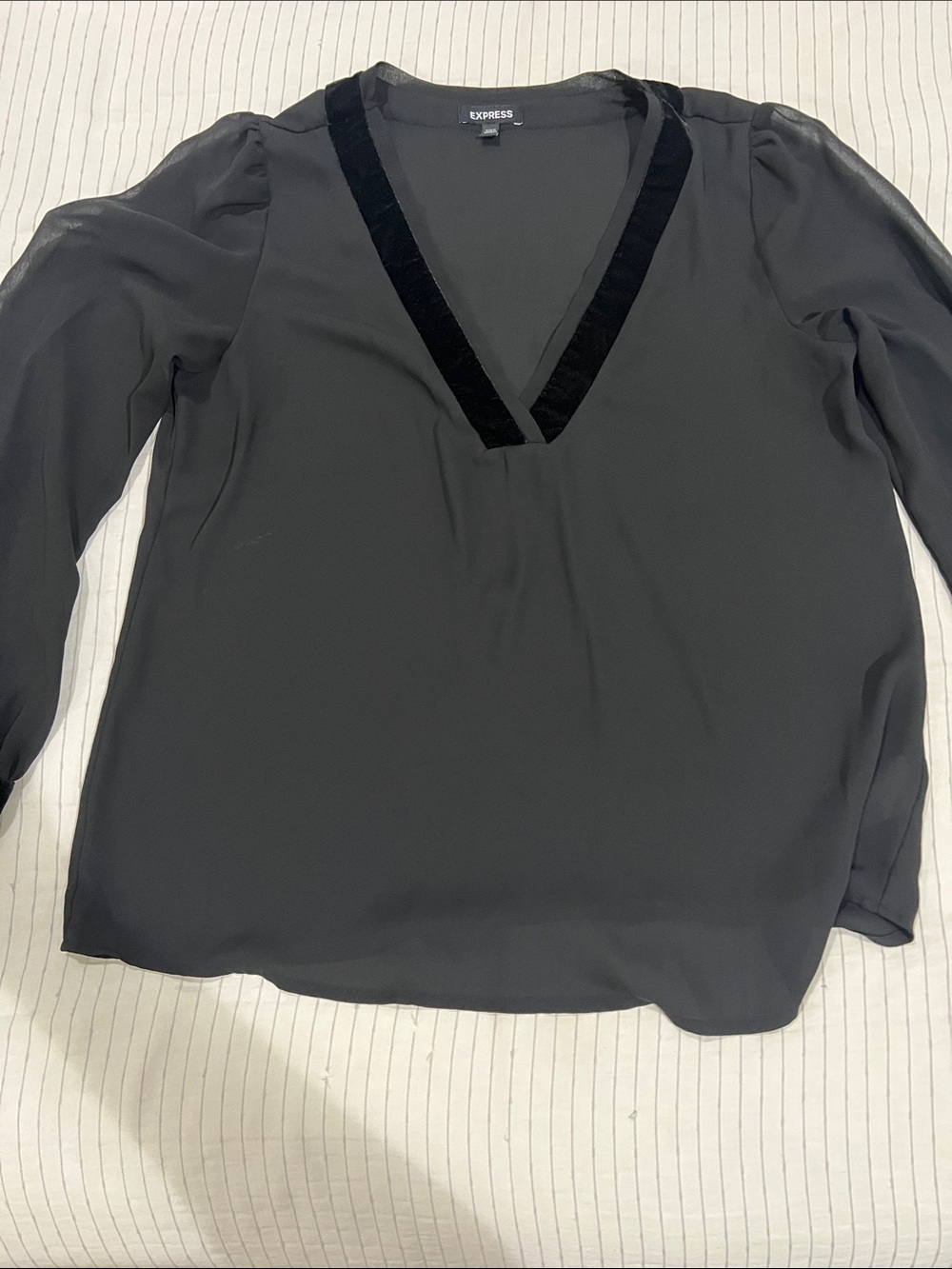 Express Black V-Neck Velvet-Trim Long Sleeve Blouse